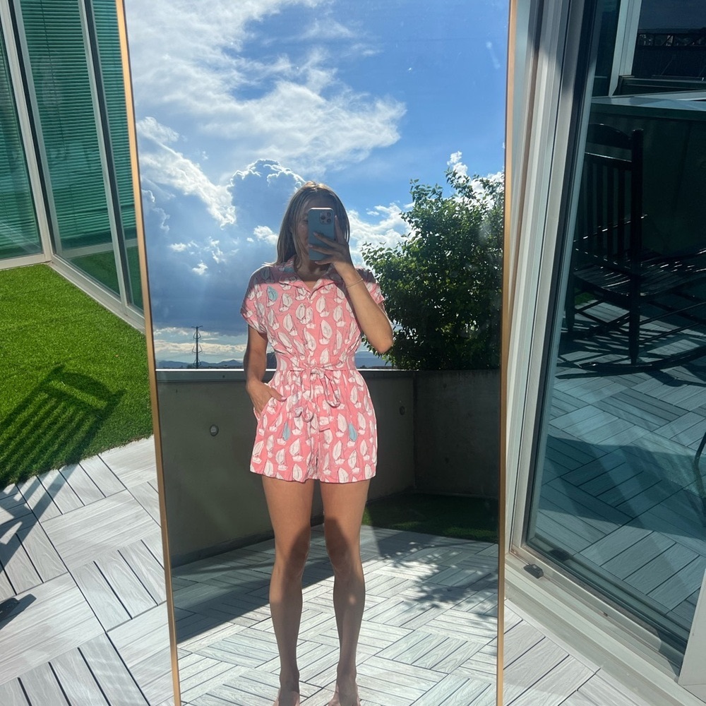 Maeve Pink and White Mini jumpsuit